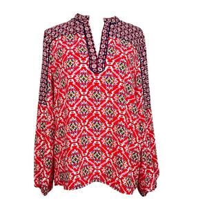 Loft Top Womens Size S Red Black Silky Poly Boho Long Sleeved Blouse Artsy Luxe